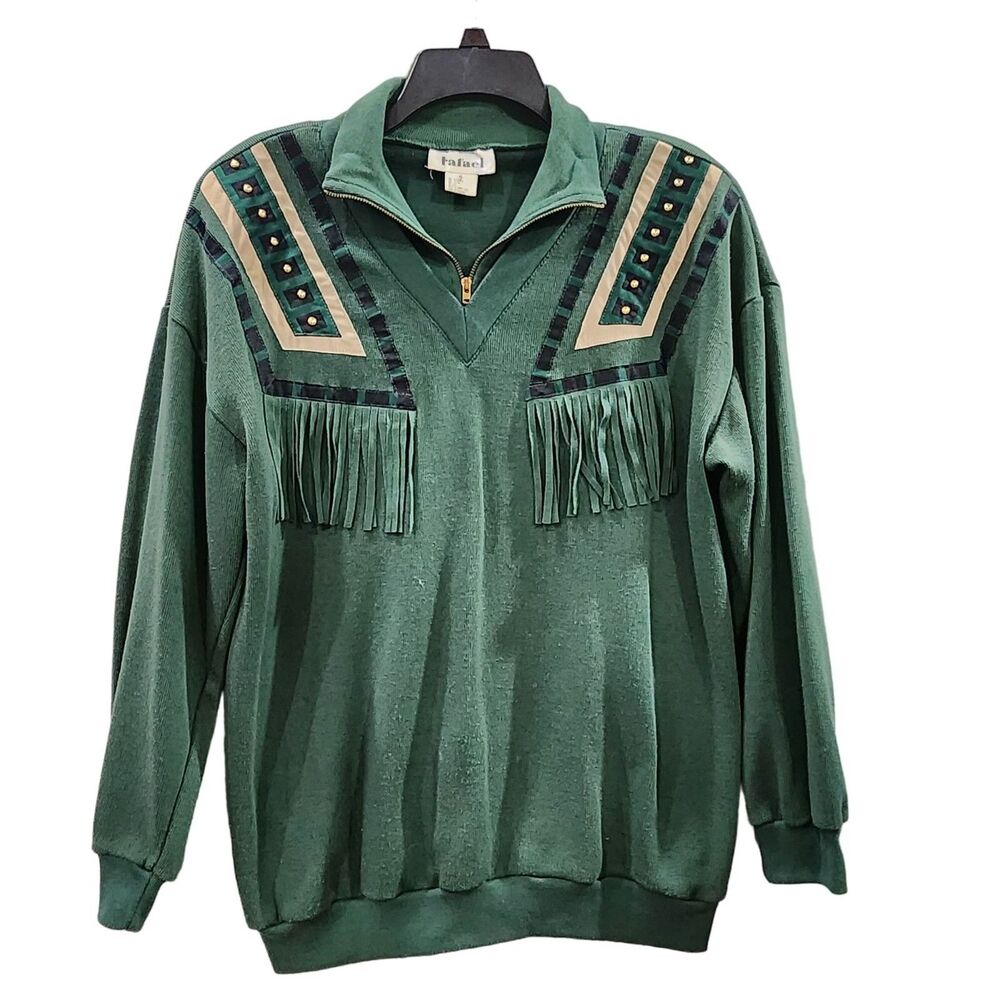 Rafael Men's‎ Vintage Green Fringe Pullover Sweater Size S Cotton Blend